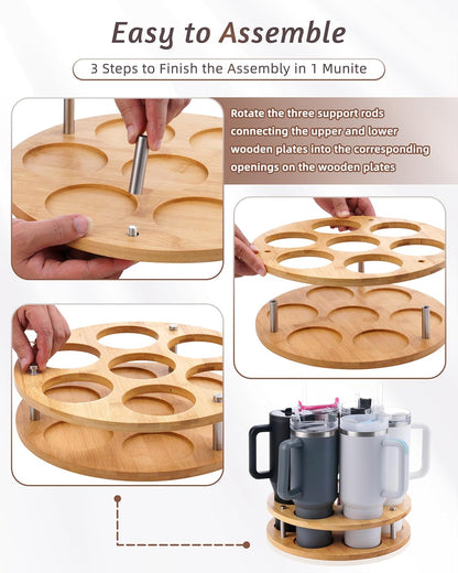 Rotating Wood Tumbler Organizer, 30 oz 40 oz Spinning Turnable Tumblers Holder, 360° Rotatable 7 Large Cups Bottle Tumbler Storage Display Stand, Rotate Syrup Organizer for Cabinet Countertop