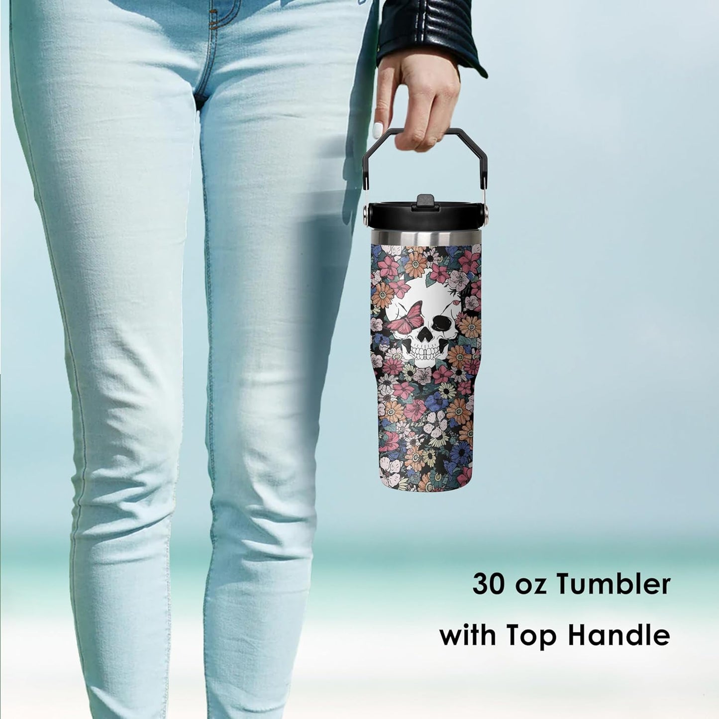 30 oz Peacock Blue Flip Straw Tumbler with Top Handle for Peacock Blue Lover Resuable Vacuum Insulated Flip Top Water bottle for Home Office Car