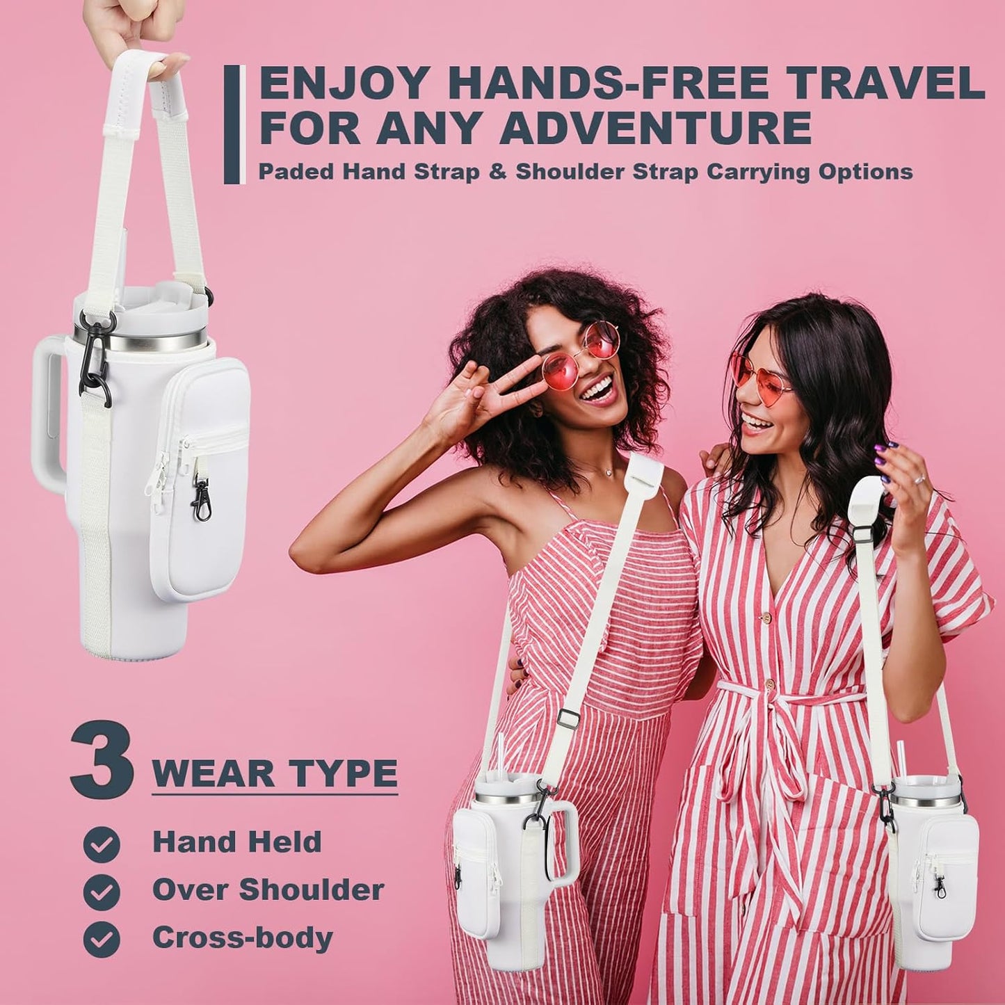 BULKITEM Water Bottle Carrier Bag with Phone Pocket for Stanley 40 & 30 oz Tumbler with Handle,Pink Insulated Neoprene Cup Holder Pouch w/Adjustable Strap for Quencher H2.0 Stanley Cup Accessories