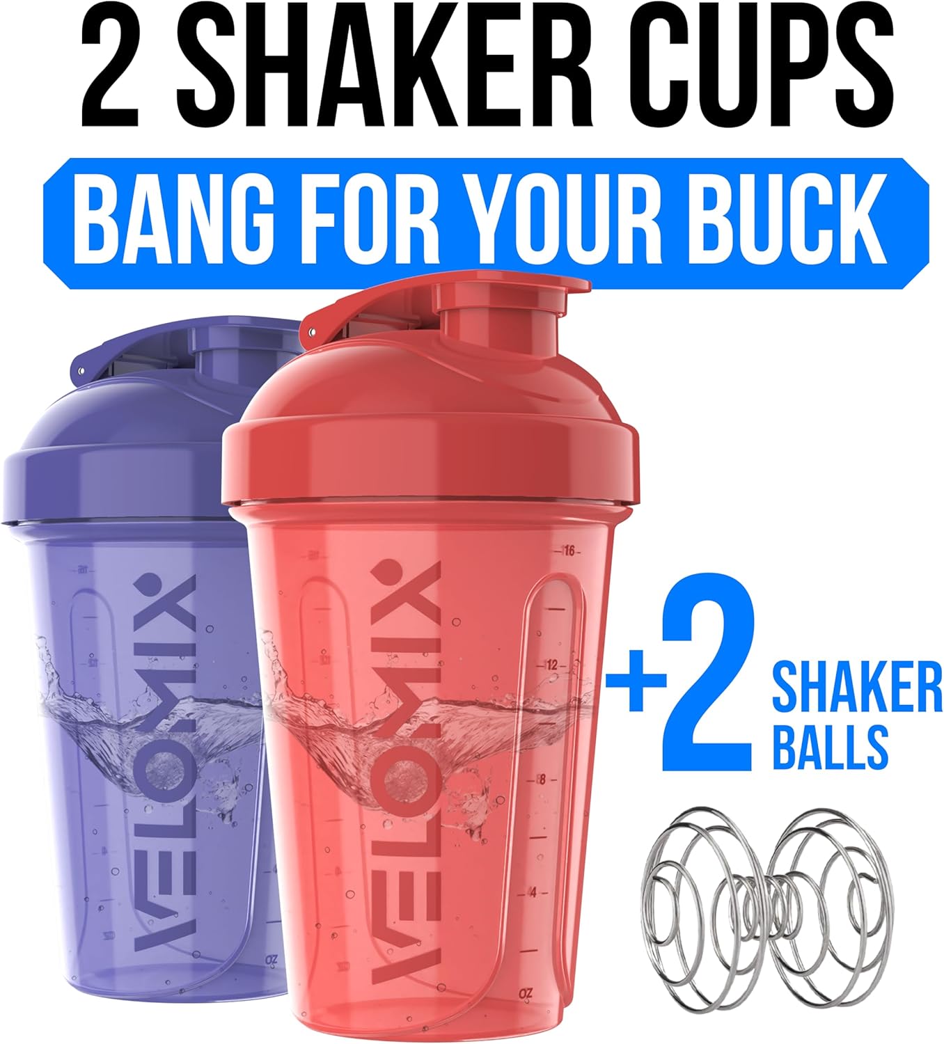 VELOMIX -2 Pack- 20 oz Protein Shaker Bottles for Protein Mixes - 2x Wire Whisk | Leak Proof Shaker Cups for Protein Shakes and Pre Workout | Protein Shaker Bottle Pack (Black/Transparent)