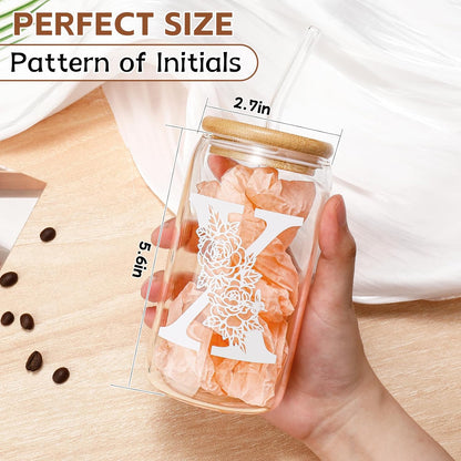 Glass Cups with Lids and Straws: Personalized Initial Glass Cup Be Used As Reusable Iced Coffee Cups with Lids,Cute Matcha Tumbler - The Christmas/Birthday Gifts for Women - M Smoothie Cup
