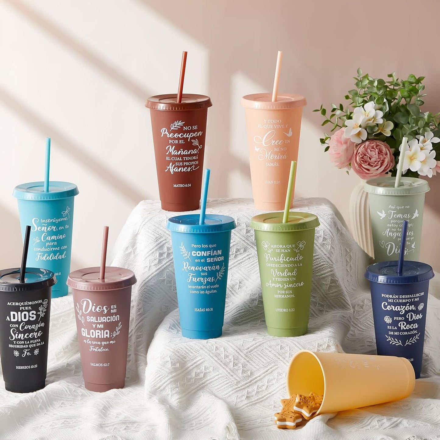 Uiifan 30 Pcs Christian Gifts Cups Bulk for Women, 24oz Bible Verse Christian Tumblers with Lids and Straw, Religious Church Gifts for Mother's Day (Fresh Color,Bible)