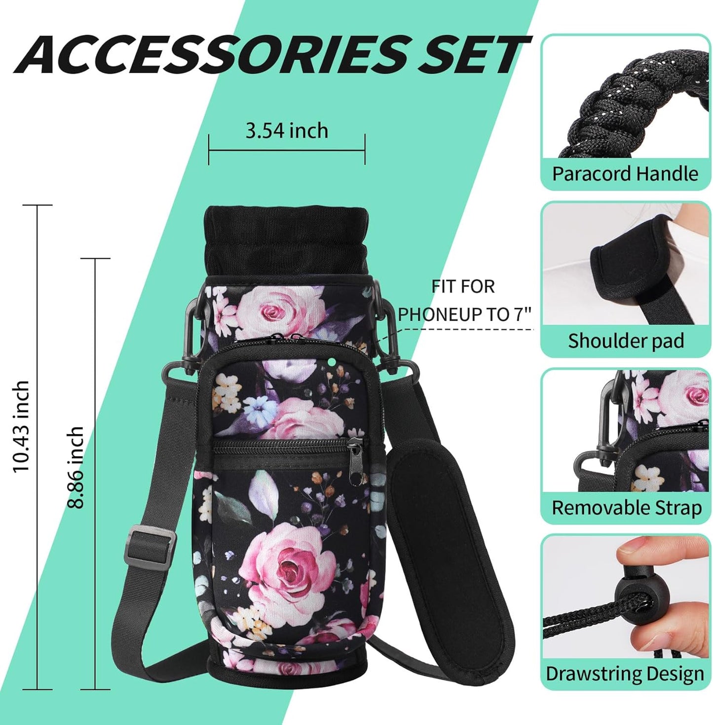 AceTreker 32/40/64/87/128 oz Water Bottle Carrier Bag, Neoprene Water Bottle Sleeve with 4 Pocket, Sport Water Holder with Paracord Handle and Shoulder Strap for Walking Hiking Camping Gym