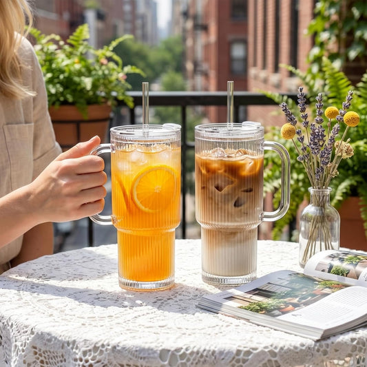 INSETLAN 24oz Ribbed Glass Tumbler with Handle & Lid – 2-Pack Large Iced Coffee Cups with Straws, Modern Glass Mug for Cold & Hot Beverages, Aesthetic Travel Cup for Smoothies, Tea, and Juice