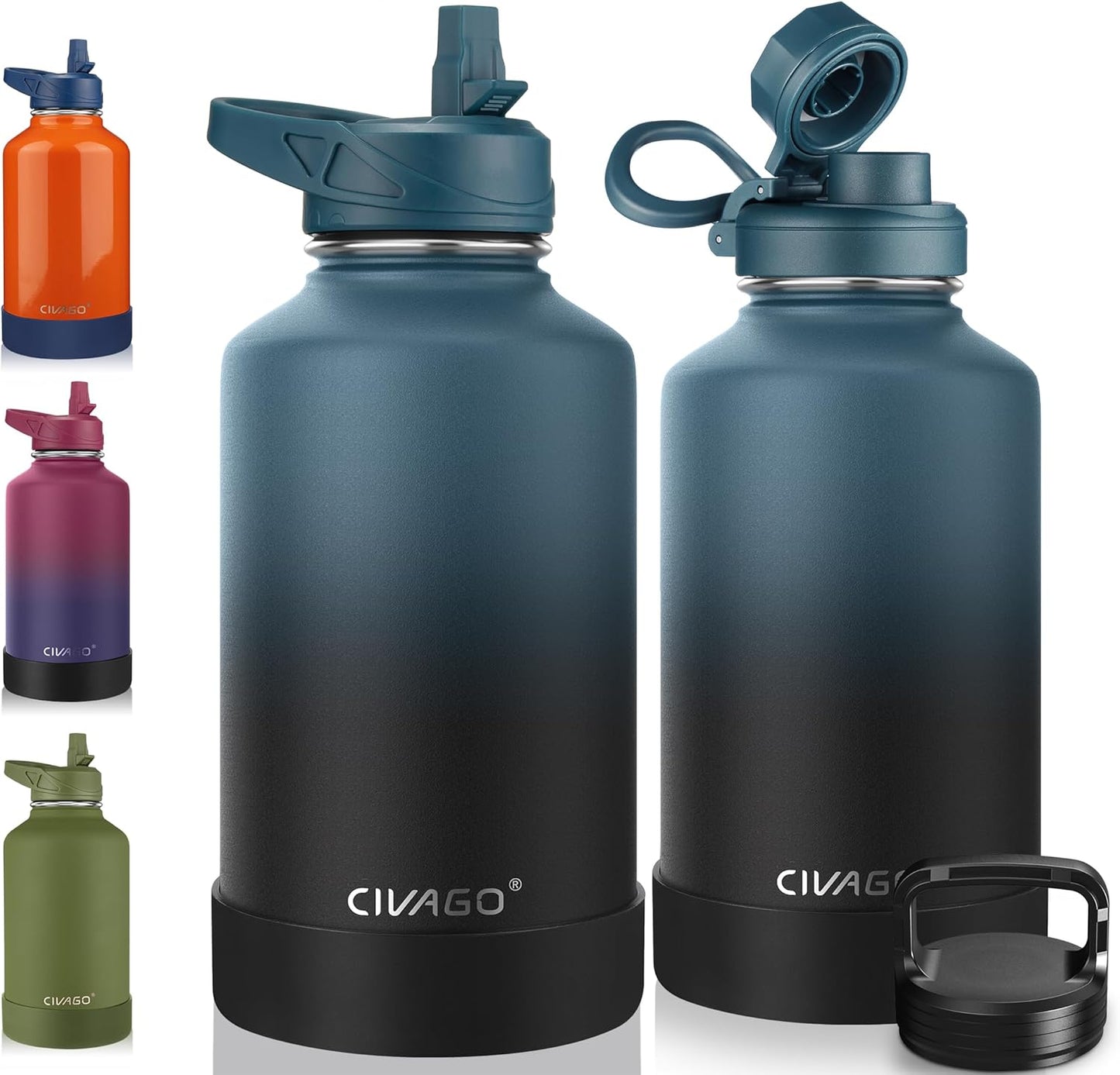 CIVAGO 32 oz Insulated Water Bottle With Straw, Stainless Steel Sports Water Cup Flask with 3 Lids (Straw, Spout and Handle Lid), Wide Mouth Travel Thermal Mug, Black
