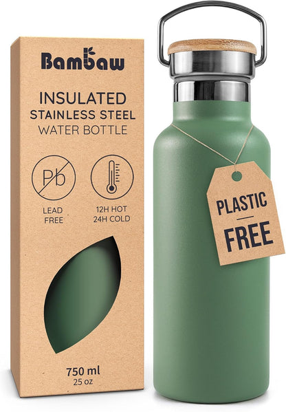 Bambaw 24 oz Stainless Steel Water Bottle, Insulated Metal Water Bottle Wide Mouth, Great for Hiking & Travel, With Handle Easy to Carry, Rust-Resistant & Durable (Aegean Blue)