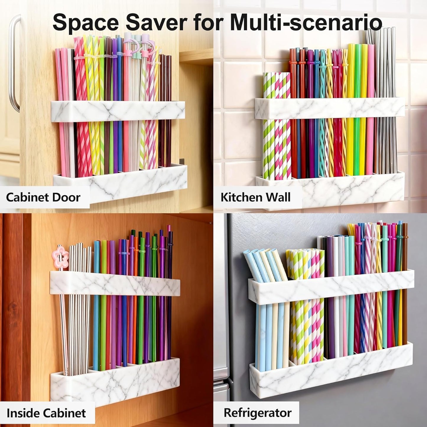 9.5” Large Acrylic Straw Holder for Cabinet Door, Reusable Adjustable Two-Part Straws Organizer with Ultra Sticky Adhesive Strips, 2026 Straw Storage for Kitchen Cupboard (Transparent)
