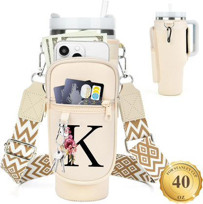 LOKASS Personalized Water Bottle Holder with Strap for Stanley Cup Accessories 40 oz, Initial for Stanley Cup Holder Carrier Bag with Phone Pocket, Stylish Tumbler Accessories for Daily Use Hands-Free