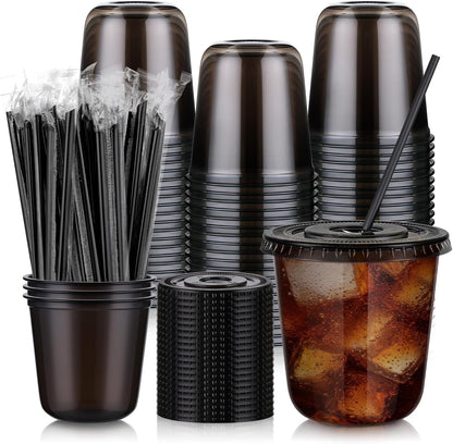 tchrules 100 Set 16oz Plastic Cups with Lids and Straws, Disposable Clear Iced Coffee Cup with Lid, Round Bottom Plastic To Go Cups for Cold Drinks Slushie Smoothie Lemonade Matcha Party Shop Supplies