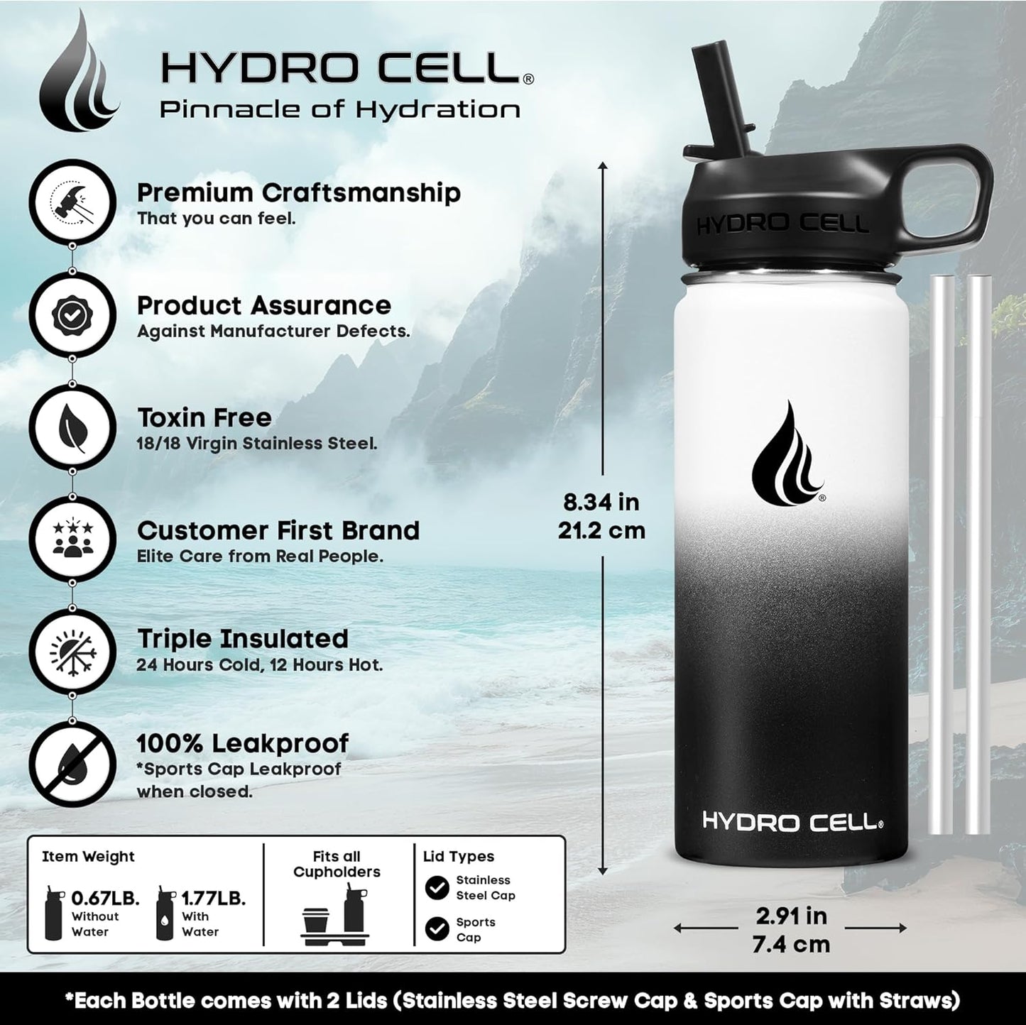 HYDRO CELL Stainless Steel Insulated Water Bottle with Straw - For Cold & Hot Drinks - Metal Vacuum Flask with Screw Cap and Modern Leakproof Sport Thermos for Adults (Neon 18oz)