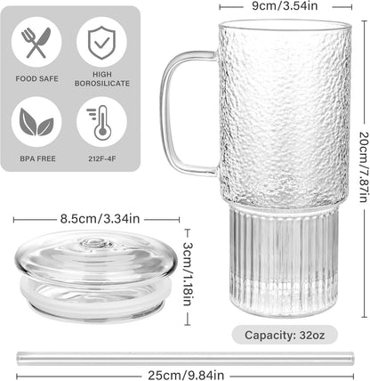 32oz Ribbed Borosilicate Glass Tumbler with Handle, Bamboo Lid and Straw, Iced Coffee Cup Modern Glass Mug for Hot/Cold Drinks, Smoothies, Tea, and Juice (Clear-1 Pack)
