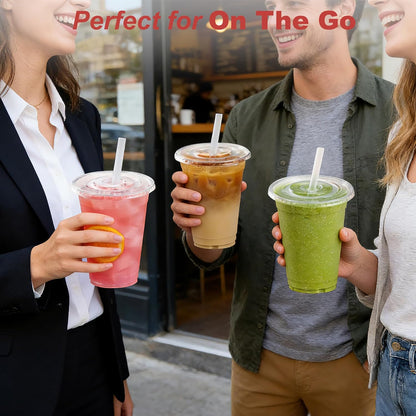 Ginkgo 32 oz Clear Plastic Cups with Lids and Jumbo Straws, Disposable To Go Iced Coffee Cups for Smoothie, Boba Milk Tea - 50 Pack