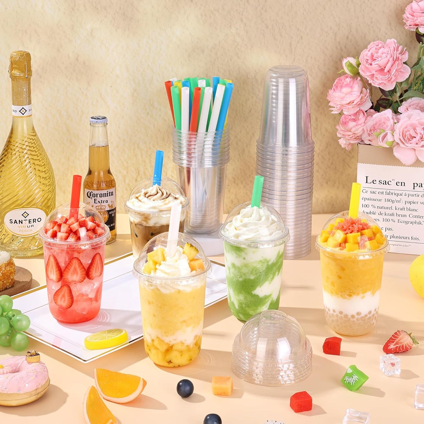 KesaPlan 50 Pack 16oz Clear Plastic Cups with Lids & Colorful Wide Straws, Disposable Smoothie Cup, Round Bottom To Go Drinking Cup for Bubble Tea, Iced Coffee, Milkshakes, Party Picnic Supply