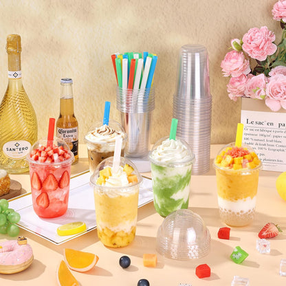 KesaPlan 50 Pack 16oz Clear Plastic Cups with Lids & Colorful Wide Straws, Disposable Smoothie Cup, Round Bottom To Go Drinking Cup for Bubble Tea, Iced Coffee, Milkshakes, Party Picnic Supply