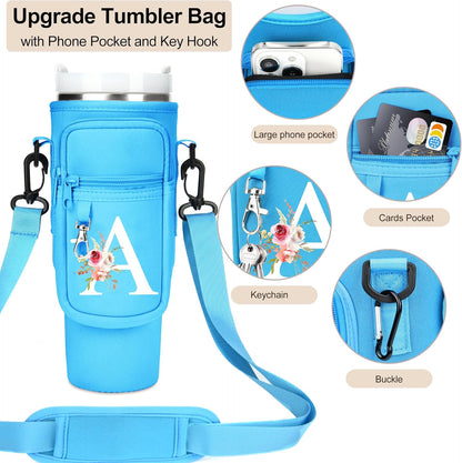 Initial Water Bottle Holder with Strap for Stanley Cup Accessories 40 oz/Simple Modern Tumbler, Birthdays for Women Girls, Water Bottle Carrier Bag with Phone Pocket,Hiking Walking Gym Camping