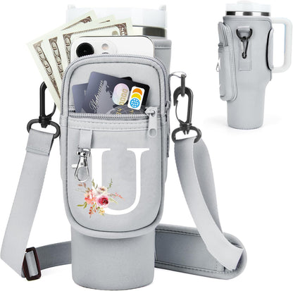 Initial Water Bottle Holder with Strap for Stanley Cup Accessories 40 oz/Simple Modern Tumbler, Birthdays for Women Girls, Water Bottle Carrier Bag with Phone Pocket,Hiking Walking Gym Camping