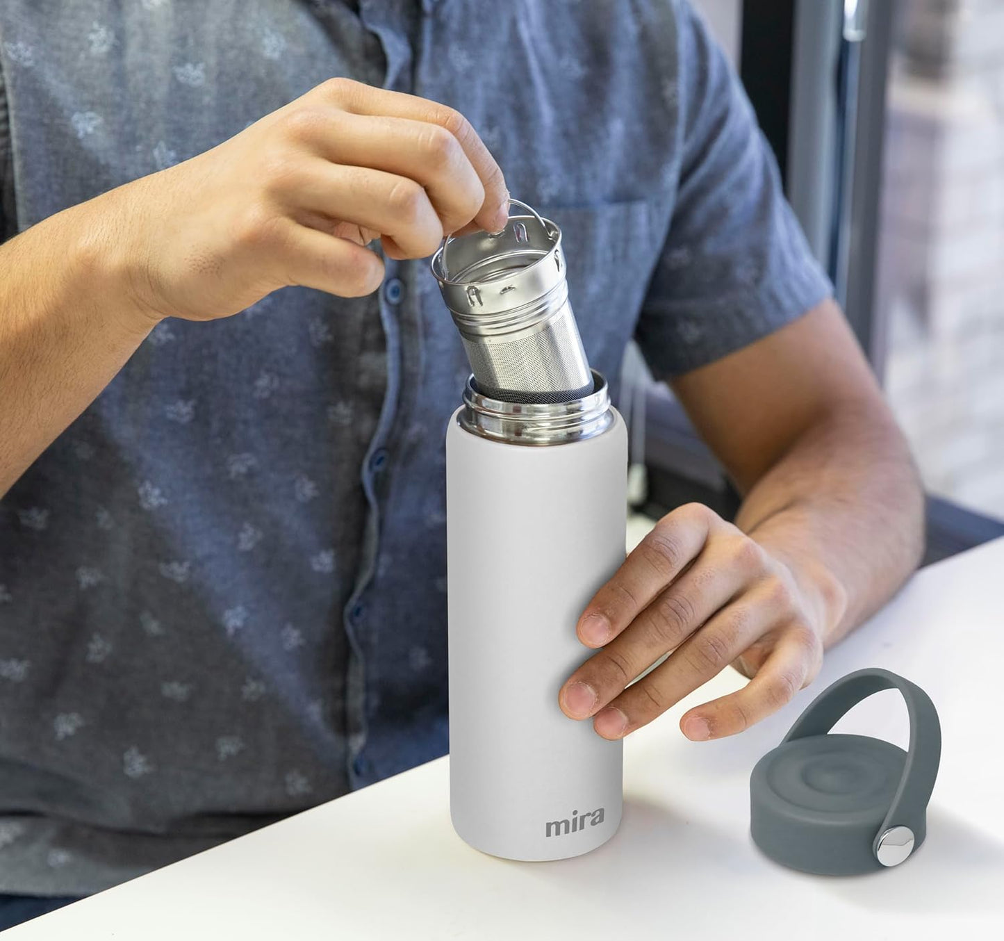 MIRA 18 oz Tea Infuser Thermo - Stainless Steel Travel Bottle with Removable Strainer for Loose Leaf Tea - Insulated Hot & Cold Brew Steeper - White
