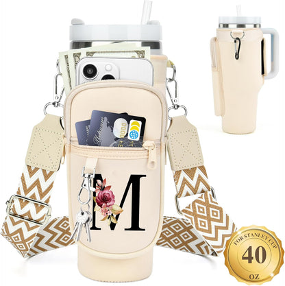 LOKASS Personalized Water Bottle Holder with Strap for Stanley Cup Accessories 40 oz, Initial for Stanley Cup Holder Carrier Bag with Phone Pocket, Stylish Tumbler Accessories for Daily Use Hands-Free
