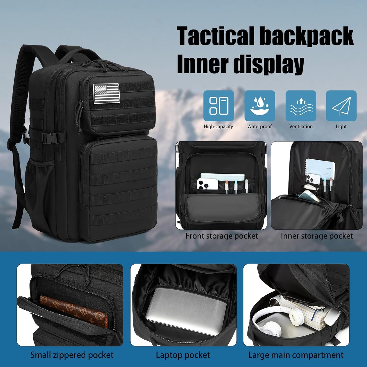 Wotony Military Tactical Backpack for Men Waterproof Daypack 3 Day Assault Pack Molle Bag with Water Bottle Holder