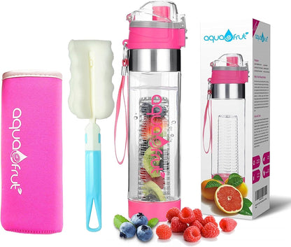 NEW Improved AquaFrut Bottom Loading Fruit Infuser Water Bottle Complete Bundle Includes Bottle Brush, Insulating Sleeve & Infusion Recipe eBook. Leak Proof Sweat Proof BPA-Free (Purple)