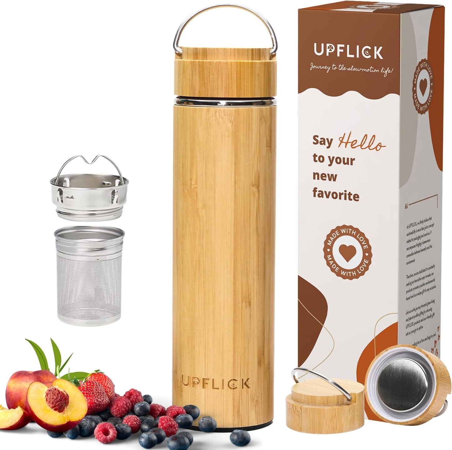 Bamboo Water Bottle Insulated Tea Tumbler for Men Birthday Gift, Women Travel Tea Set with Diffuser for Loose Tea Leaves, Stainless Steel Leak Proof Gift for Mom (15 oz)