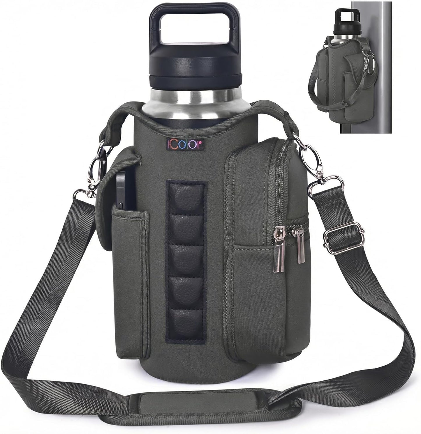 icolor Magnetic Gym Bag Water Bottle Carrier Holder with Phone Pockets & Shoulder Strap,Gym Magnetic Bag 5 Built-in Magnets Gym Accessories Organizer Sling Bottle Bag Pouch Sleeve