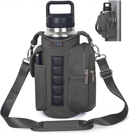 icolor Magnetic Gym Bag Water Bottle Carrier Holder with Phone Pockets & Shoulder Strap,Gym Magnetic Bag 5 Built-in Magnets Gym Accessories Organizer Sling Bottle Bag Pouch Sleeve
