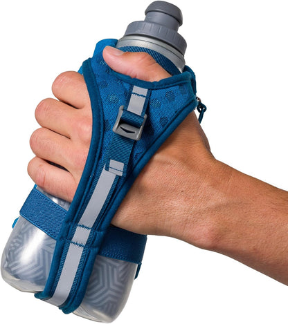 Nathan SpeedDraw 2 Insulated Handheld Running Water Bottle Flask 18oz – Double-Wall Insulation, Ergonomic Grip, Blast Valve Cap, Phone & Key Storage Pockets, Reflective Design