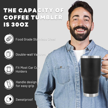 30 oz Tumbler With Handle, Double Wall Stainless Steel Vacuum Insulated Travel Mug with Splash-Proof Lid Metal Straw and Brush (Cream)