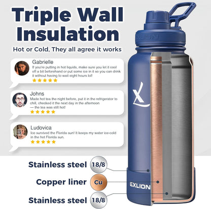 Lexlion Tea Infuser Water Bottle 32 Oz – Triple Wall Insulated Stainless Steel, Loose Leaf & Fruit Strainer, 3 Leakproof Lids, BPA-Free Silicone Sleeve, Reusable Thermal Mug