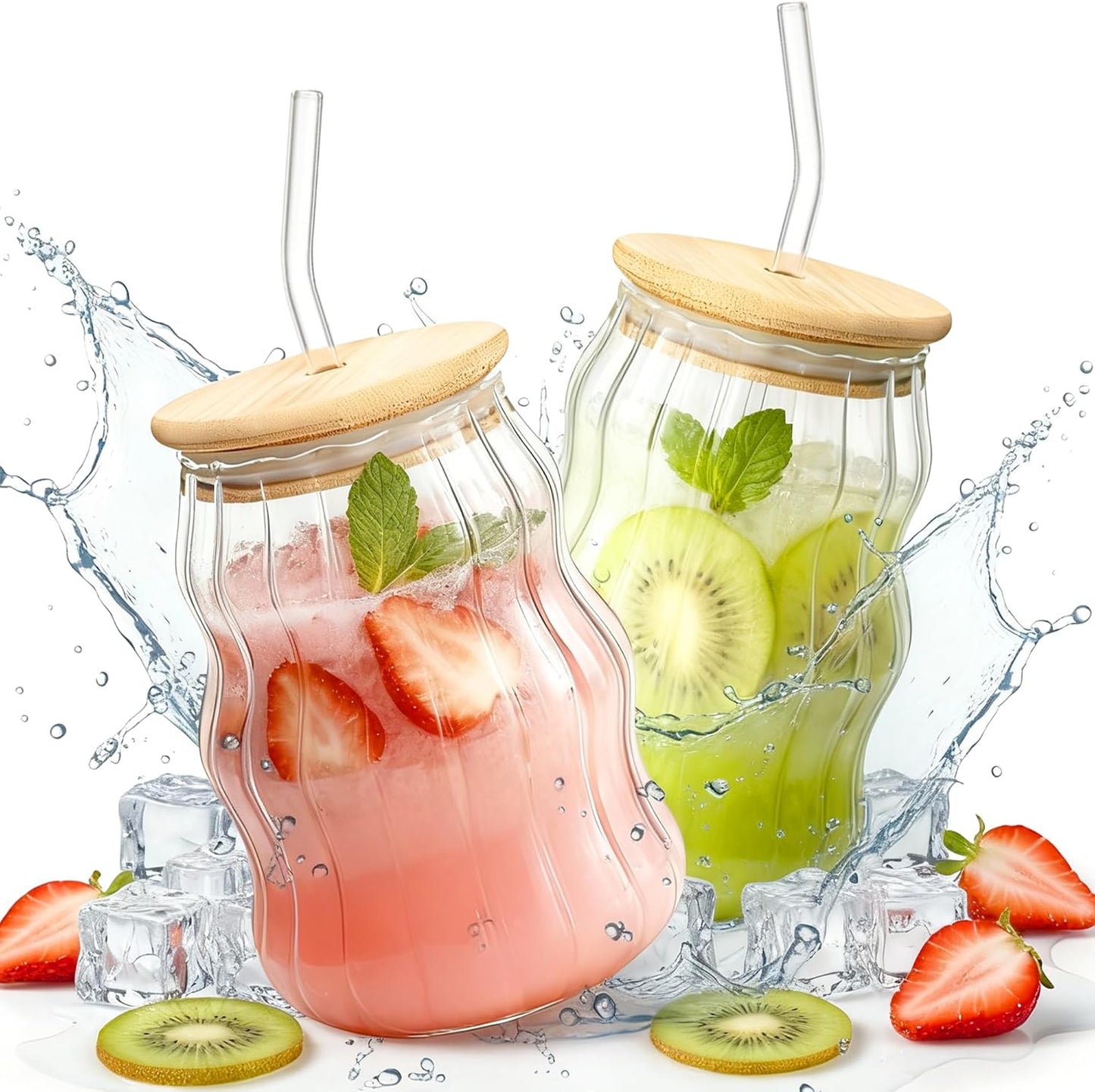 2 Packs Cute Glass Tumbler with Lid and Straw 16 oz Ice Coffee Cup Set for Smoothie Slushie Juice Matcha Tea Latte Cappuccino Espresso Hot Coffe Water Reusable Clear Travel Boba Aesthetic Drinking Mug