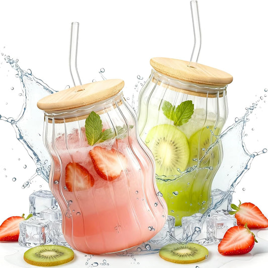 2 Packs Cute Glass Tumbler with Lid and Straw 16 oz Ice Coffee Cup Set for Smoothie Slushie Juice Matcha Tea Latte Cappuccino Espresso Hot Coffe Water Reusable Clear Travel Boba Aesthetic Drinking Mug