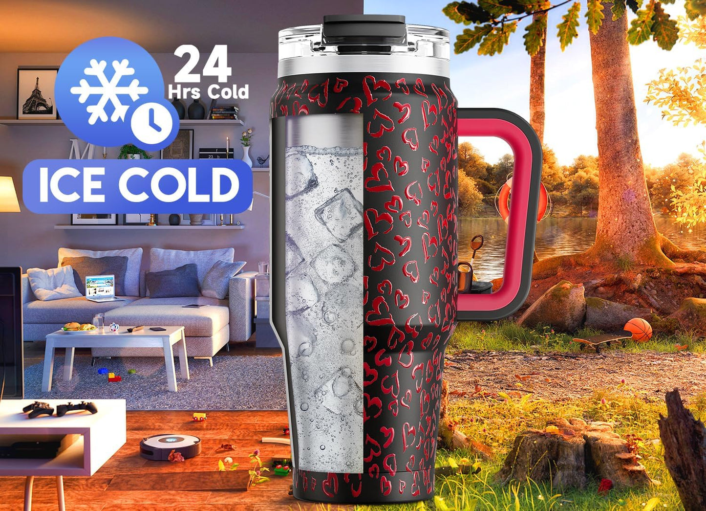 Meoky 32 oz Tumbler with Handle, Insulated Tumbler with Lid and Straw, Stainless Steel Travel Mug, Keeps Cold for 24 Hours, 100% Leak Proof, Fits in Car Cup Holder (Night)