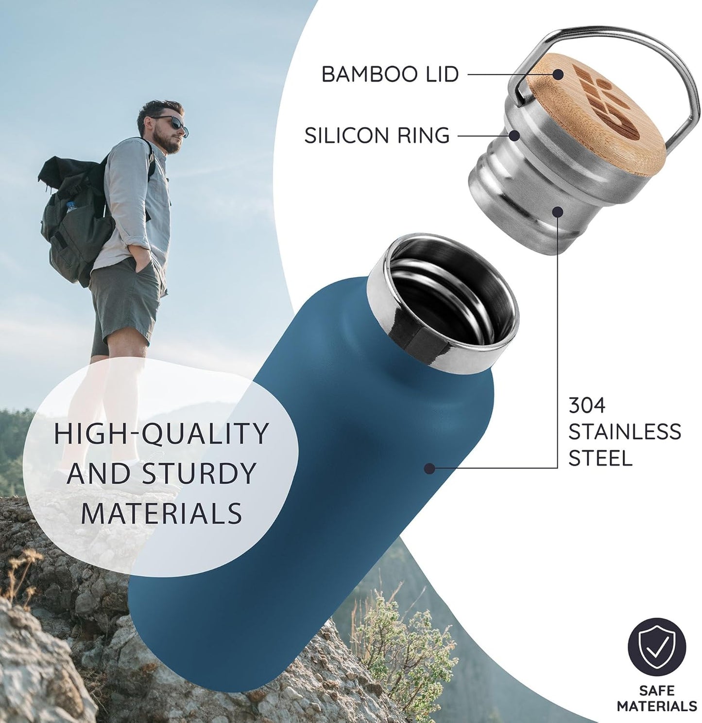 Bambaw 24 oz Stainless Steel Water Bottle, Insulated Metal Water Bottle Wide Mouth, Great for Hiking & Travel, With Handle Easy to Carry, Rust-Resistant & Durable (Aegean Blue)