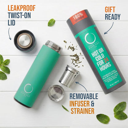 Pure Zen Tea Thermos with Infuser for Hot and Cold Infusions - Stainless Steel - Tea Infuser Bottle - Leakproof Travel Mug with Filter - 15oz - Blue