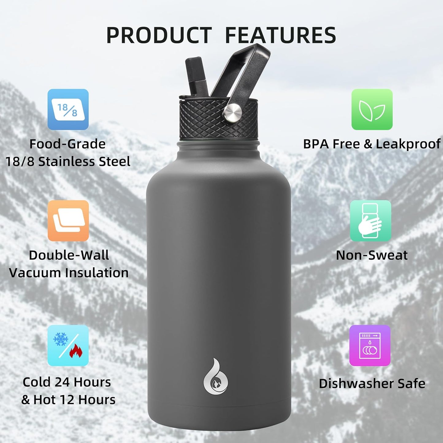 BJPKPK Insulated Water Bottles with Straw Lid, 40oz Stainless Steel Water Bottles with 3 Lids, BPA Free Leakproof Thermo, Tumblers, Cups for Sports, Gym- Midnight - Colors A