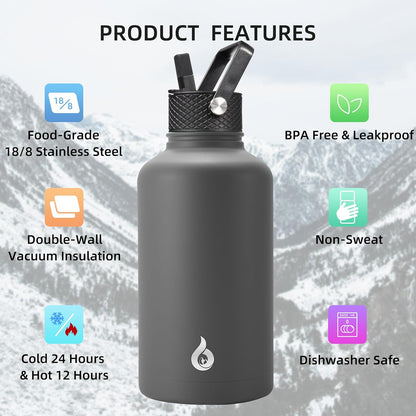 BJPKPK Insulated Water Bottles with Straw Lid, 40oz Stainless Steel Water Bottles with 3 Lids, BPA Free Leakproof Thermo, Tumblers, Cups for Sports, Gym- Midnight - Colors A