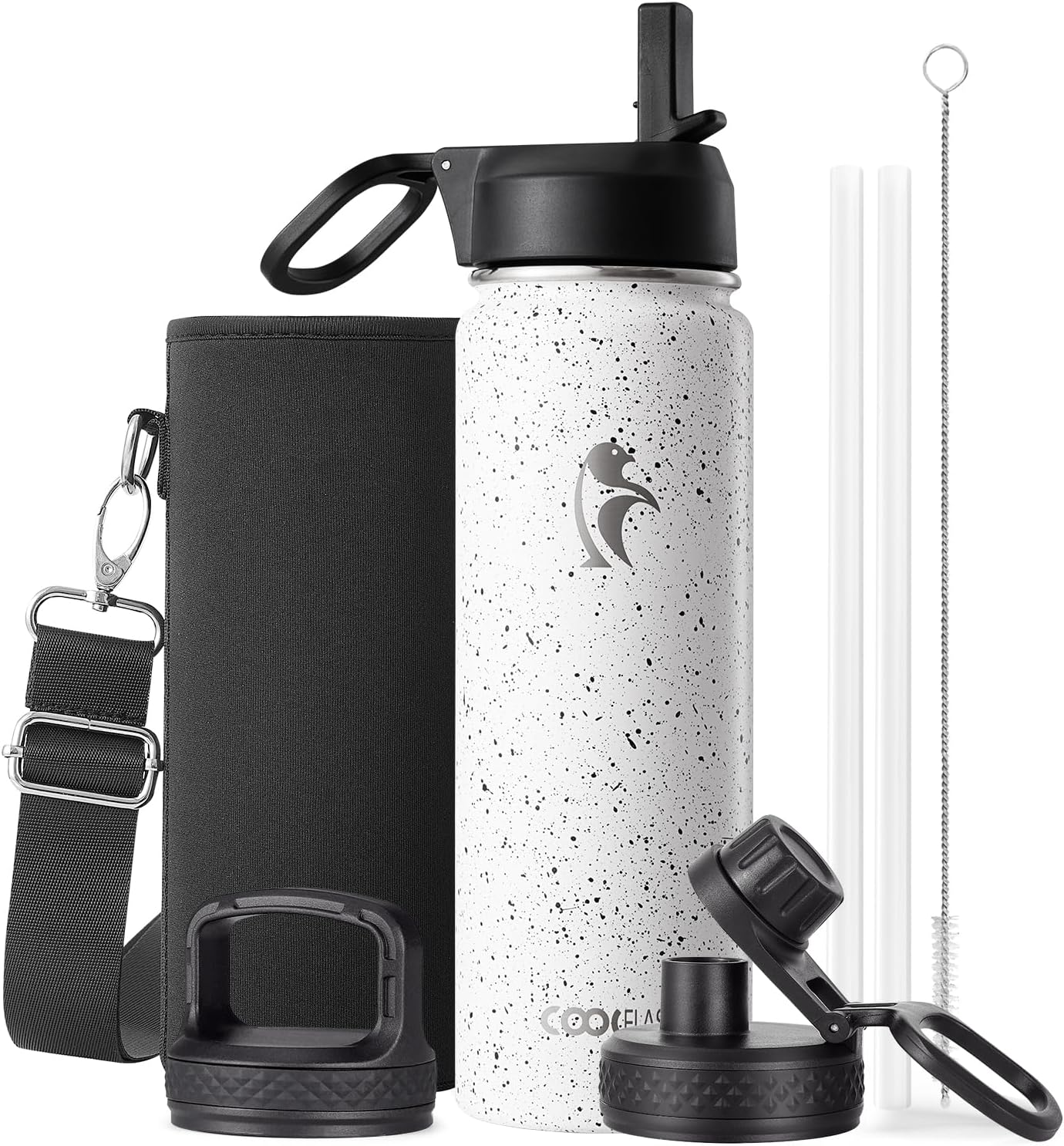 Half Gallon Water Bottle Insulated with Straw & 3 Lids, Coolflask 64 oz Water Jug Large Metal Stainless Steel Wide Mouth for Sports, Gym or Office, Non-BPA Keep Cold 48H Hot 24H, Samurai Cyan