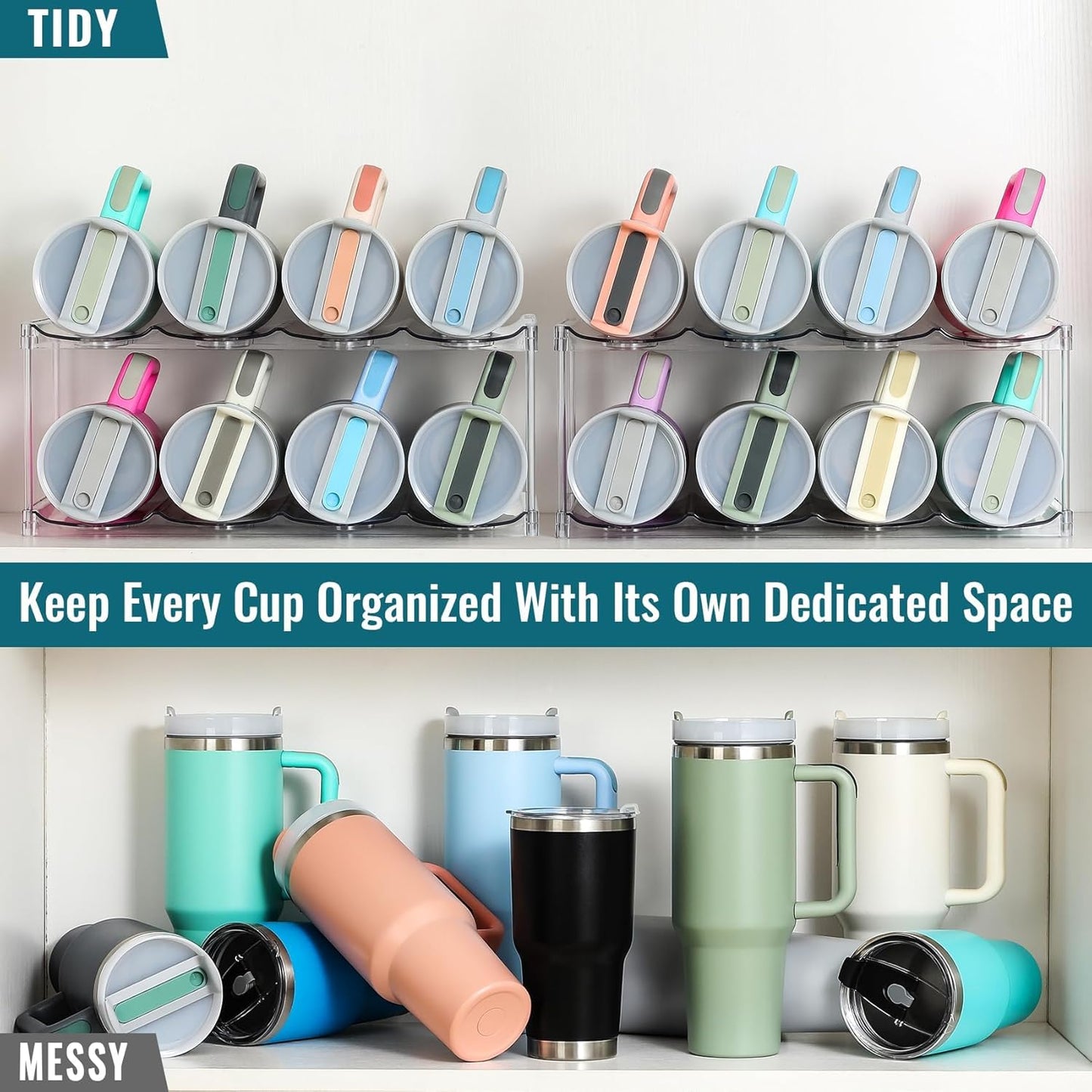 Design for Stanley 40 OZ & Large Bottles & Tumblers with Handle - Acrylic Water Bottle Organizer - Stackable Clear Wine Rack Cup Holder for Home Kitchen Pantry Shelf Countertop Cabinet, 4 Tier Hold 16