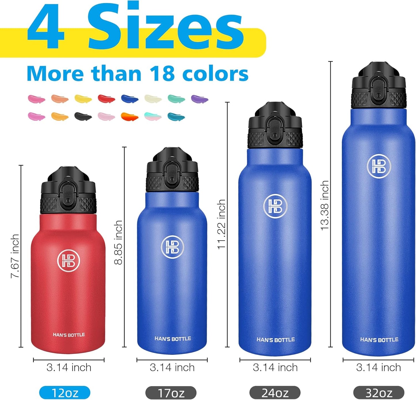Han's Bottle Sports Water Bottle - 24 Oz, Straw Lid, Leak Proof, Vacuum Insulated Stainless Steel, Double Walled, Thermo Mug,Black
