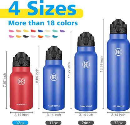 Han's Bottle Sports Water Bottle - 24 Oz, Straw Lid, Leak Proof, Vacuum Insulated Stainless Steel, Double Walled, Thermo Mug,Black
