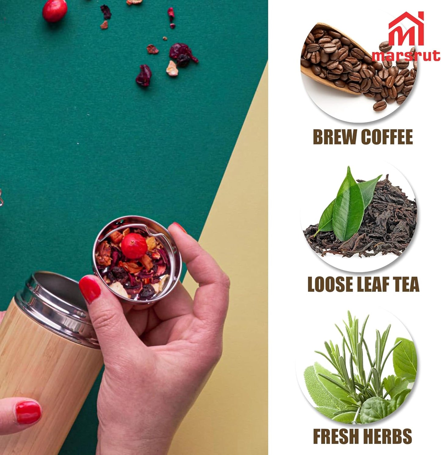 Bamboo Tea Infuser, Insulated Water Bottle, 17oz Reusable Travel Mug, Leak Proof Tumbler, Double-walled Stainless Steel Cup with Lid Keeps Hot & Cold Drinks Beverages, for Loose Tea, Coffee, Gift Set