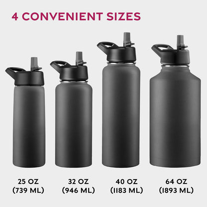 FineDine Water Bottle - Stainless Steel Insulated Water Bottle with Straw Lid, Flip Lid & Wide-Mouth Cap - Keeps Hot and Cold - 25 Oz / 739ml - Dreamy Purple