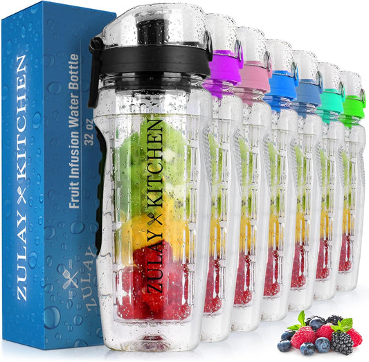 Hydration Nation 34oz Fruit Infuser Water Bottle - BPA Free Water Infuser Bottle with Dual Non-slip Grip & Flip Top Cap - Time Marked Water Bottle With Fruit Infuser Rod For Home & Outdoors (Black)
