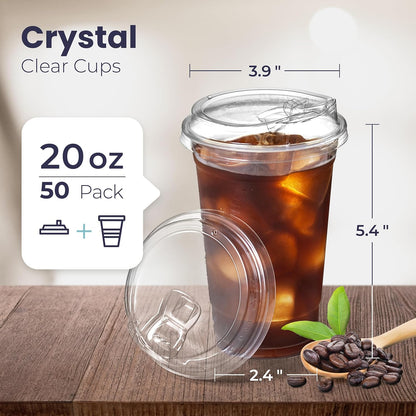 Fit Meal Prep 50 Pack 32 oz Clear Plastic Cups with Strawless Sip Lids, Disposable Plastic Coffee Cups with Lids, To Go Cups for Iced Coffee, Smoothies, Soda, Party Drinks, Bubble Tea, Cold Beverage
