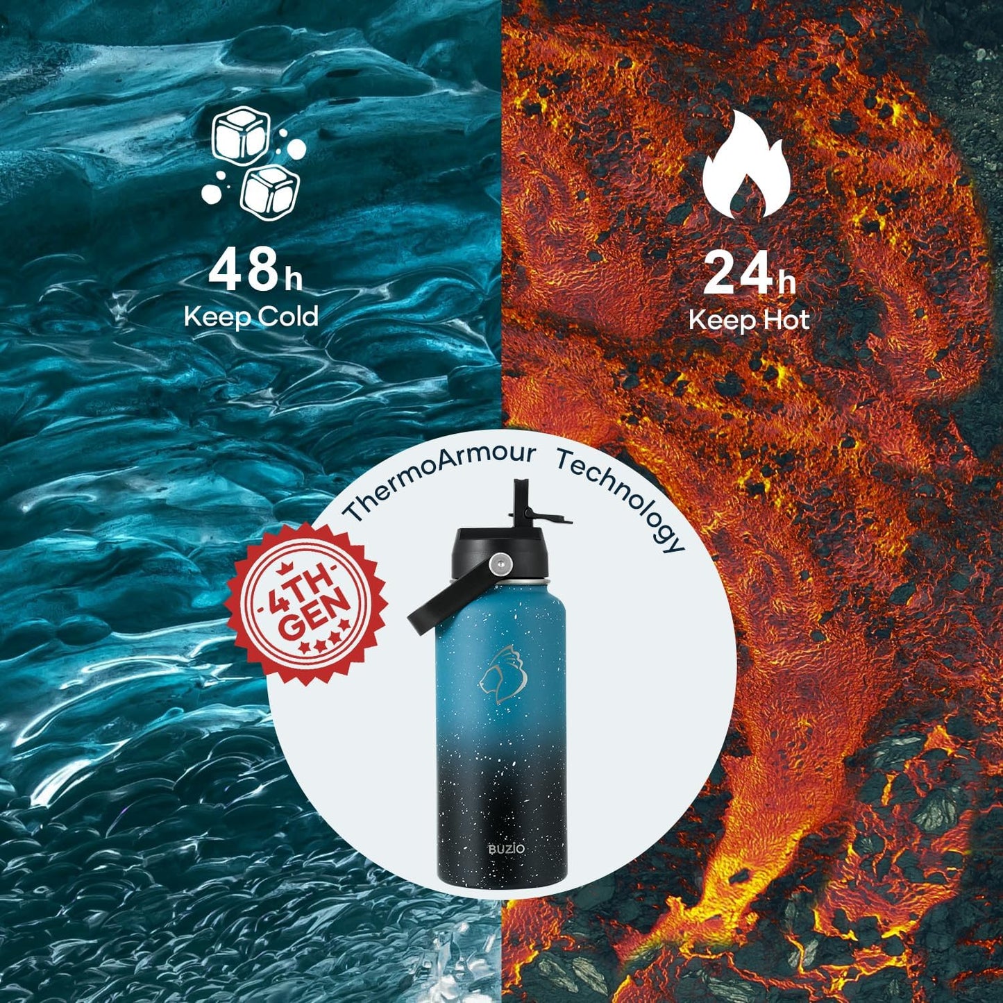 BUZIO 40oz Insulated Water Bottle, Triple Wall Vacuum Stainless Steel Water Flask with 2 lids, Lead-Free BPA-Free Straw Lid Sports Canteen Jug, Cold 48H & Hot 24H- Black - Colors A