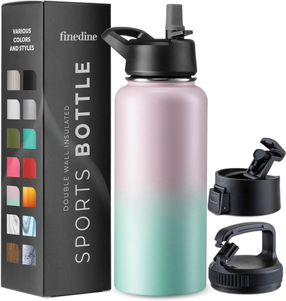 FineDine Water Bottle - Stainless Steel Insulated Water Bottle with Straw Lid, Flip Lid & Wide-Mouth Cap - Keeps Hot and Cold - 25 Oz / 739ml - Dreamy Purple