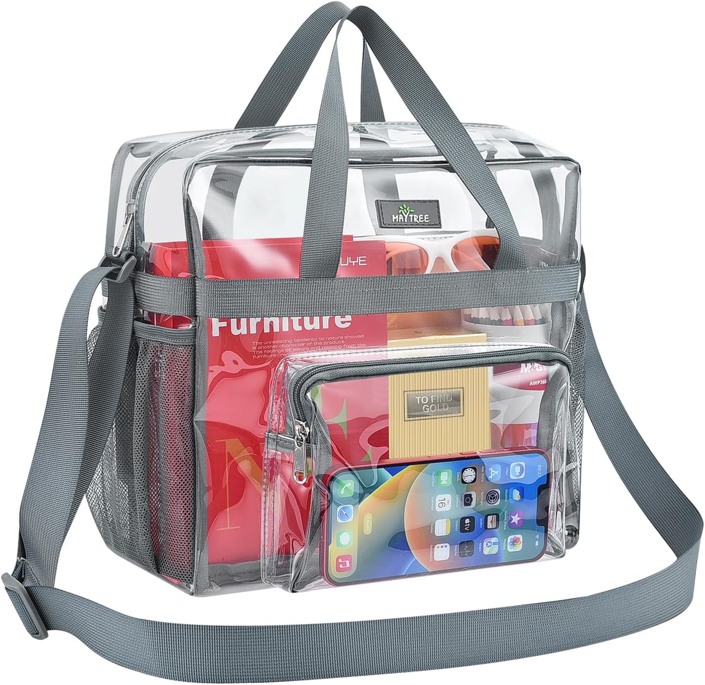 MAY TREE Clear Bag for Stadium Events, 12×5.5×12 Clear Tote Lunch Bag with Non-detachable Reinforced Straps for Work, Sporting Events and Gym, Black