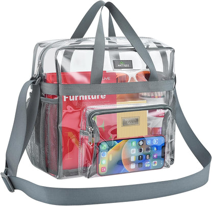 MAY TREE Clear Bag for Stadium Events, 12×5.5×12 Clear Tote Lunch Bag with Non-detachable Reinforced Straps for Work, Sporting Events and Gym, Black