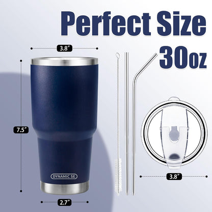 D·S 30oz Blue Tumbler Stainless Steel Double Wall Vacuum Insulated Mug with Straw and Lid, Cleaning Brush for Cold and Hot Beverages
